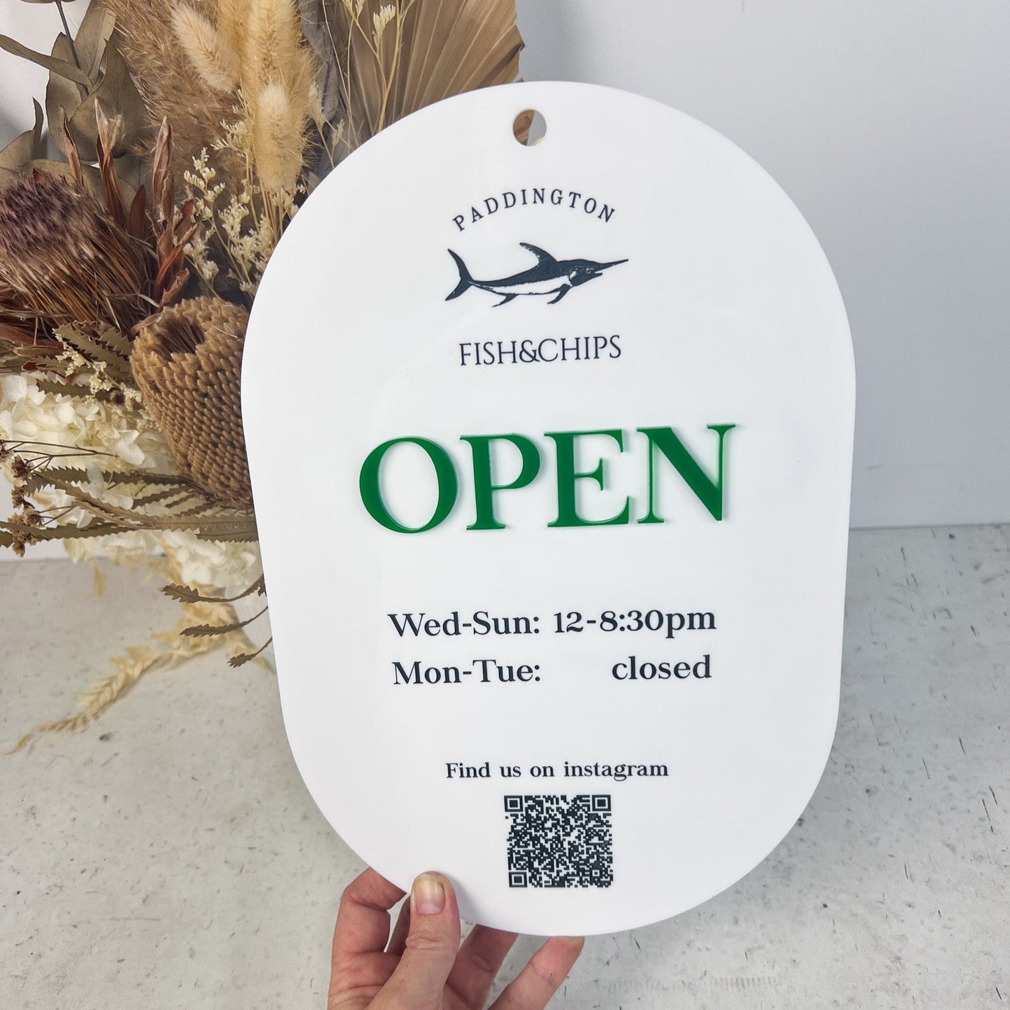 Open/Close Sign with added QR code.