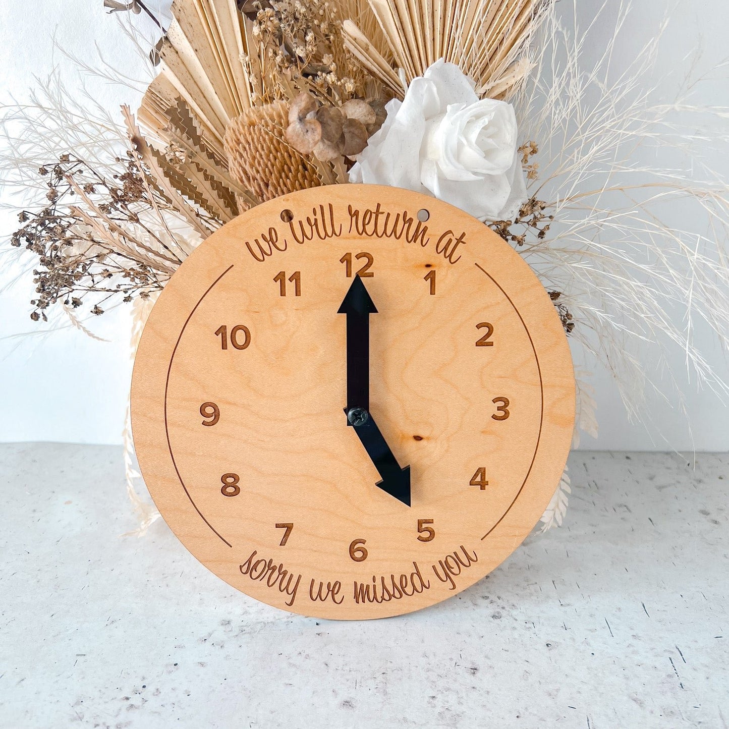Timber Engraved "We will return at" Clock