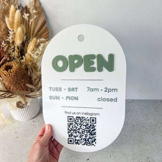 Open/Close Sign with added QR code.