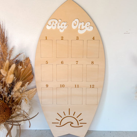 Surfboard First Birthday Photo Board